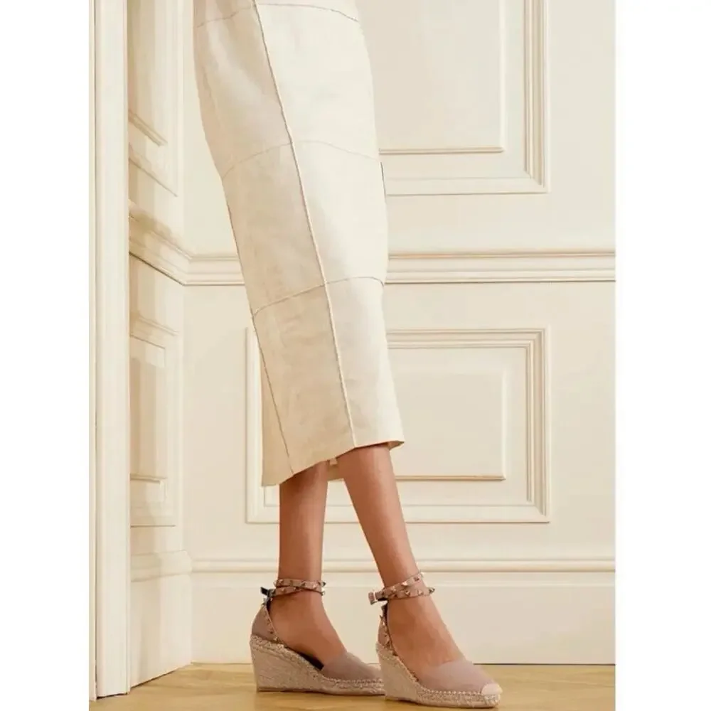 Valentino Garavani Rockstud Double Leather Wedge Espadrille Pink Size 39